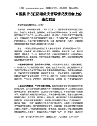 X区委书记在防汛救灾督导情况反馈会上的表态发言