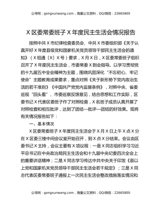 X区委常委班子X年度民主生活会情况报告