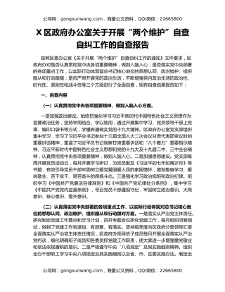 X区政府办公室关于开展“两个维护”自查自纠工作的自查报告