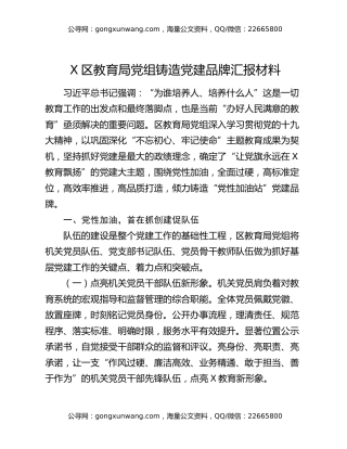 X区教育局党组铸造党建品牌汇报材料