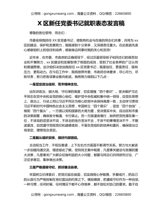 X区新任党委书记就职表态发言稿