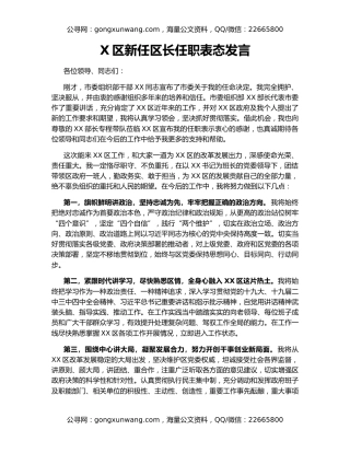 X区新任区长任职表态发言