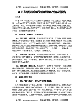 X区纪委巡察反馈问题整改情况报告