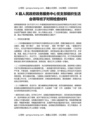 X县人民政府政务服务中心党支部组织生活会领导班子对照检查材料