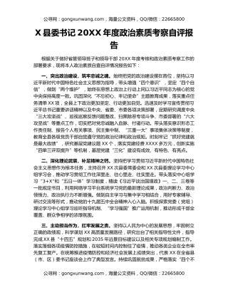 X县委书记20XX年度政治素质考察自评报告