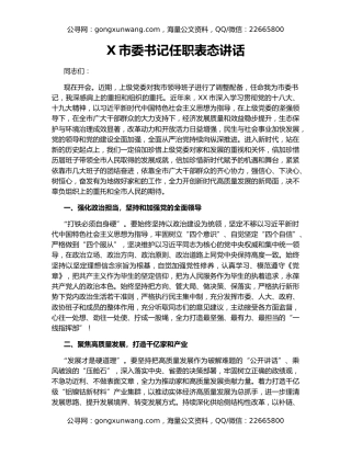 X市委书记任职表态讲话