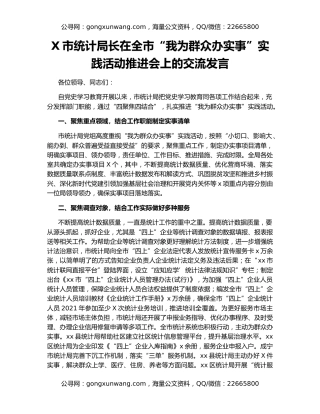 X市统计局长在全市“我为群众办实事”实践活动推进会上的交流发言