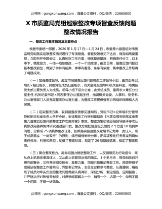 X市质监局党组巡察整改专项督查反馈问题整改情况报告