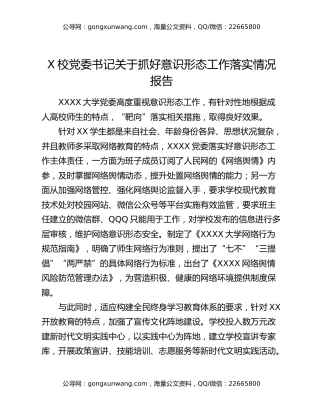 X校党委书记关于抓好意识形态工作落实情况报告