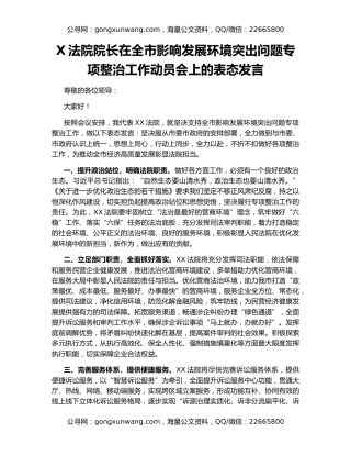 X法院院长在全市影响发展环境突出问题专项整治工作动员会上的表态发言