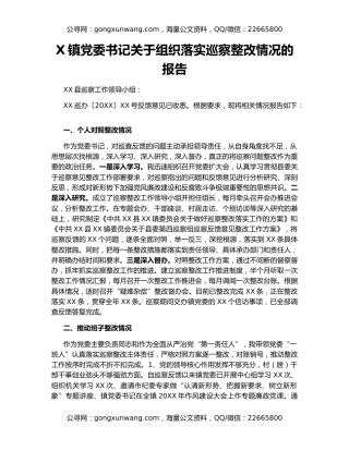 X镇党委书记关于组织落实巡察整改情况的报告