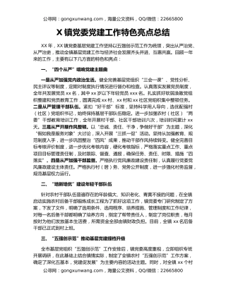 X镇党委党建工作特色亮点总结
