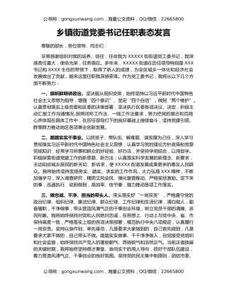 乡镇街道党委书记任职表态发言