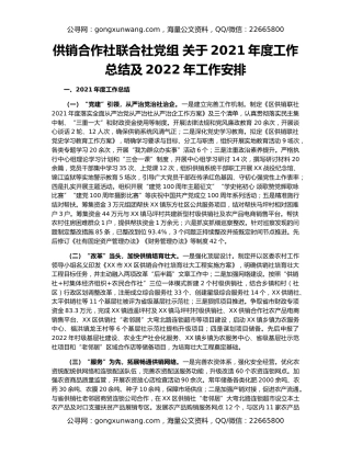 供销合作社联合社党组 关于2021年度工作总结及2022年工作安排