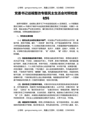 党委书记巡视整改专题民主生活会对照检查材料