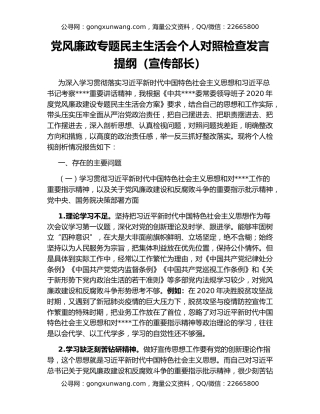 党风廉政专题民主生活会个人对照检查发言提纲（宣传部长）