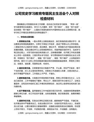 公司党史学习教育专题民主生活会个人对照检查材料