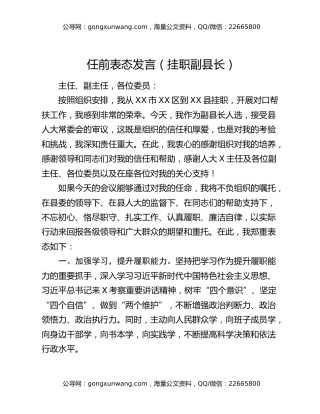 任前表态发言（挂职副县长）