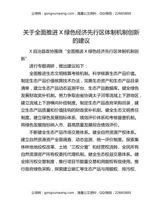 关于全面推进X绿色经济先行区体制机制创新的建议