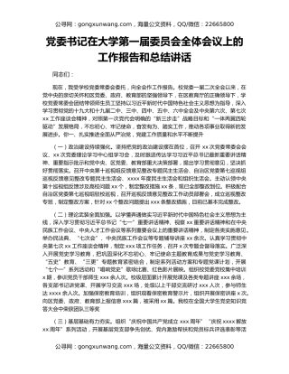 党委书记在大学第一届委员会全体会议上的工作报告和总结讲话