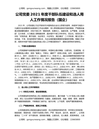 公司党委2021年度干部队伍建设和选人用人工作情况报告（国企）