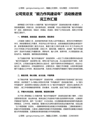 公司党总支“能力作风建设年”活动推进情况工作汇报