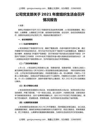 公司党支部关于2021年度组织生活会召开情况报告