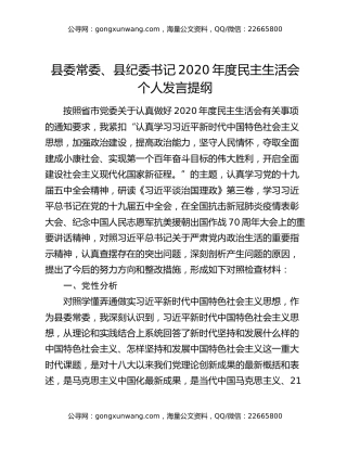 县委常委、县纪委书记2020年度民主生活会个人发言提纲