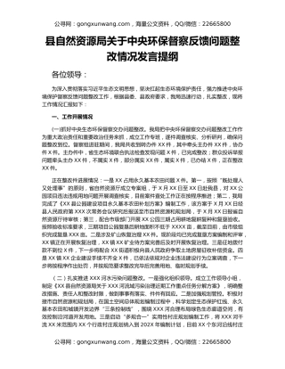 县自然资源局关于中央环保督察反馈问题整改情况发言提纲