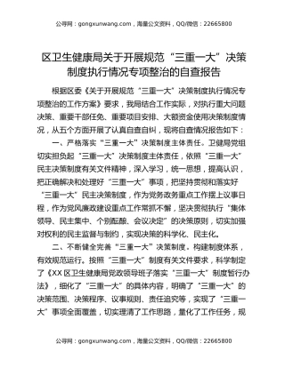 区卫生健康局关于开展规范“三重一大”决策制度执行情况专项整治的自查报告