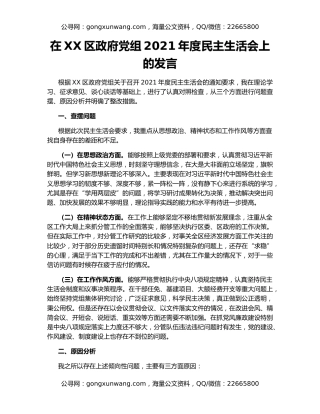 在XX区政府党组2021年度民主生活会上的发言
