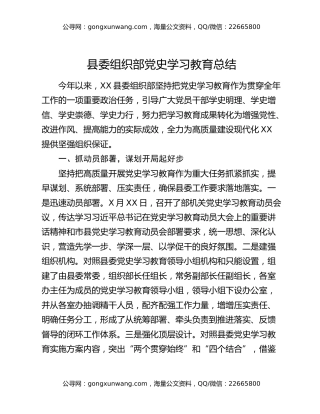 县委组织部党史学习教育总结