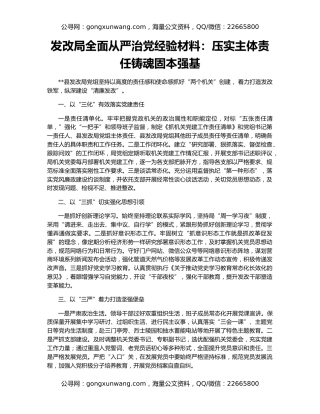发改局全面从严治党经验材料：压实主体责任铸魂固本强基