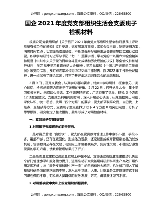 国企2021年度党支部组织生活会支委班子检视材料