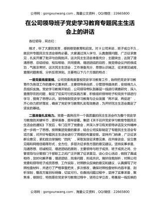 在公司领导班子党史学习教育专题民主生活会上的讲话