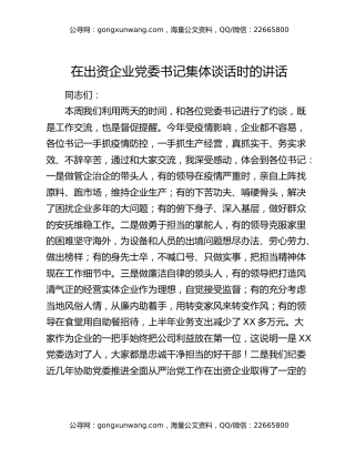 在出资企业党委书记集体谈话时的讲话