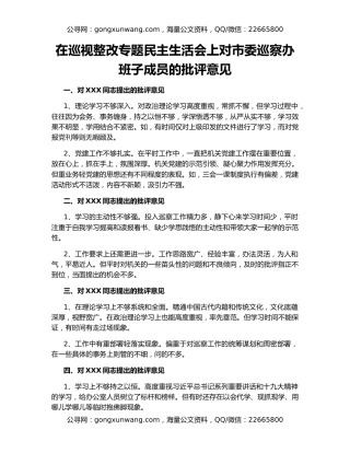 在巡视整改专题民主生活会上对市委巡察办班子成员的批评意见