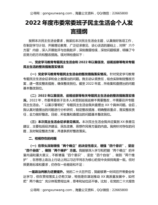 2022年度市委常委班子民主生活会个人发言提纲