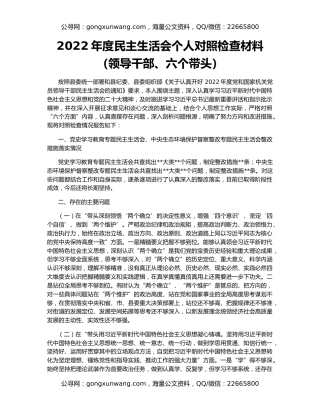 2022年度民主生活会个人对照检查材料（领导干部、六个带头）