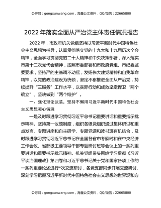 2022年落实全面从严治党主体责任情况报告