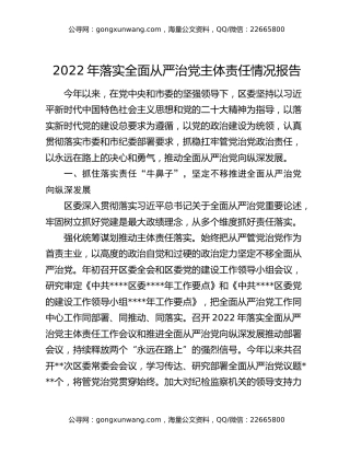 2022年落实全面从严治党主体责任情况报（2）