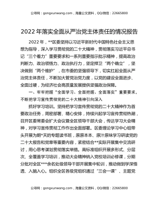 2022年落实全面从严治党主体责任的情况报告