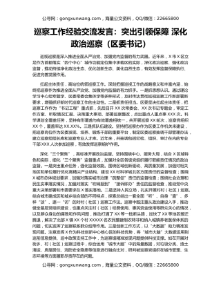 巡察工作经验交流发言：突出引领保障 深化政治巡察（区委书记）