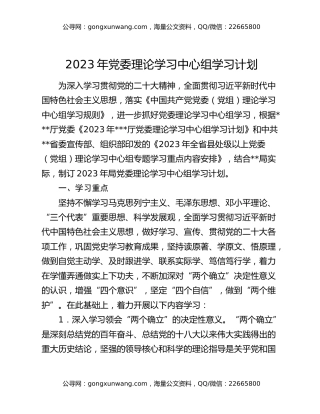 2023年党委理论学习中心组学习计划