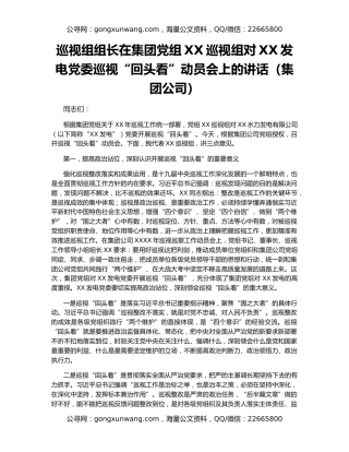 巡视组组长在集团党组XX巡视组对XX发电党委巡视“回头看”动员会上的讲话（集团公司）