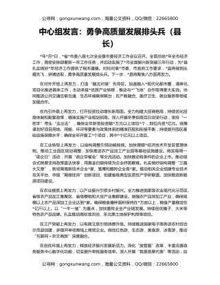 中心组发言：勇争高质量发展排头兵（县长）