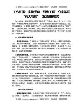 工作汇报：实施党建“细胞工程”夯实基层“两大功能”（区委组织部）