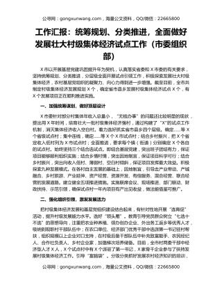 工作汇报：统筹规划、分类推进，全面做好发展壮大村级集体经济试点工作（市委组织部）
