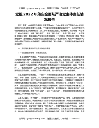 党组2022年落实全面从严治党主体责任情况报告