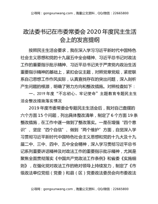 政法委书记在市委常委会2020年度民主生活会上的发言提纲